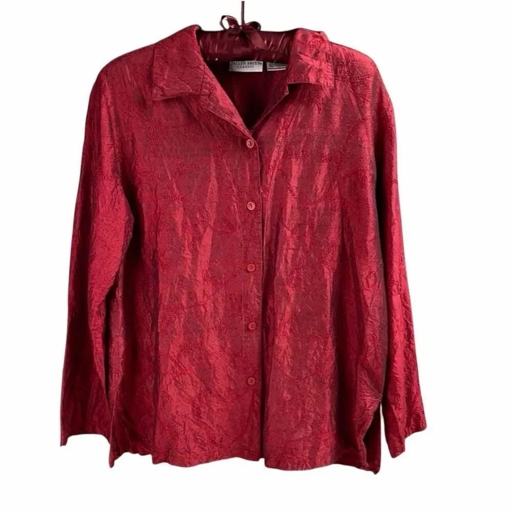 Jaclyn Smith Classic Silk Rayon Blouse Medium Red Embroidered Button Up Boho
